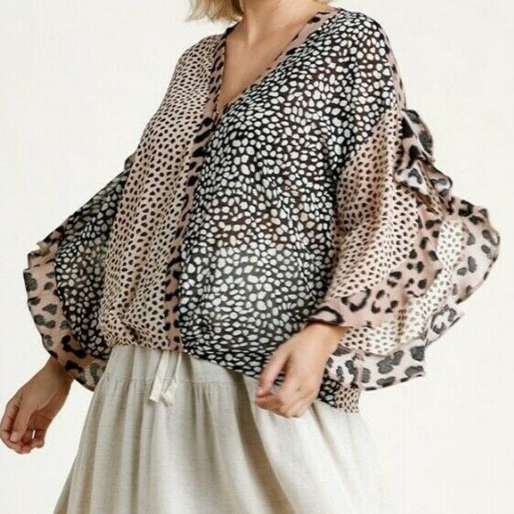 Umgee Mixed Animal Print Sheer V-Neck Blouse in Black and Tan